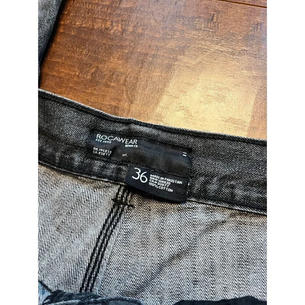 Rocawear Mens Gray Wash Straight Boot Cut Jean Distressed Size 36